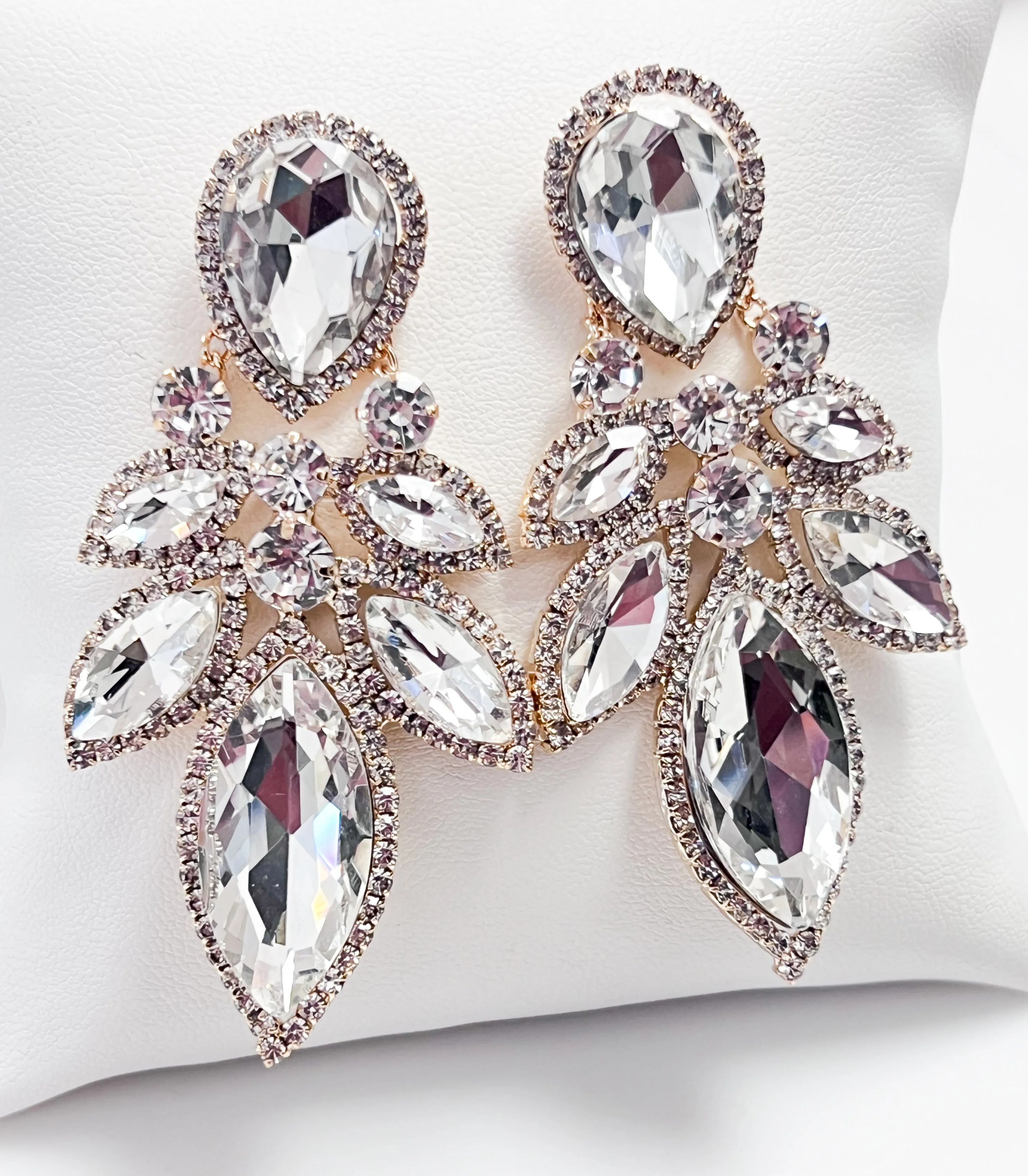 Sally - Rhinestone Statement Earrings (Clear/Gold)