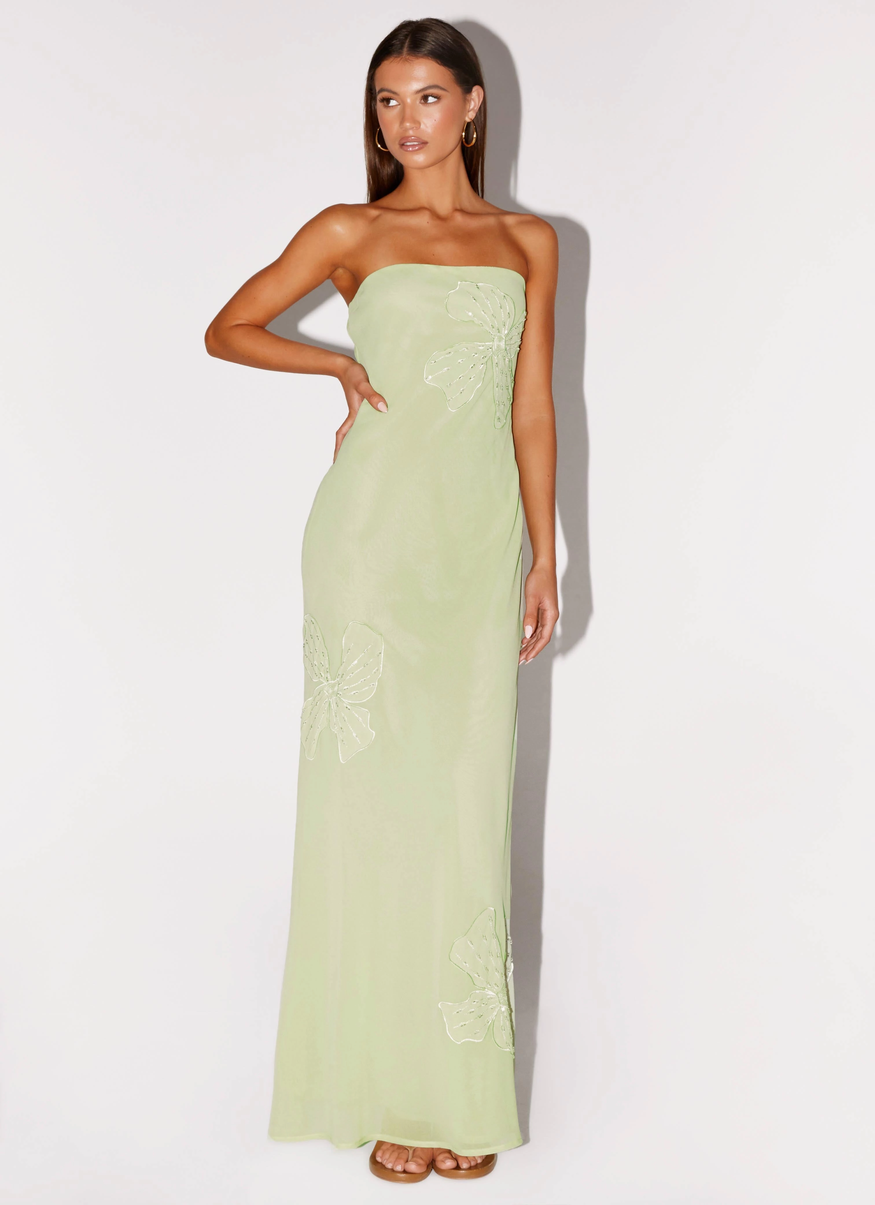 Sassafras Beaded Flower Strapless Maxi Dress - Lime