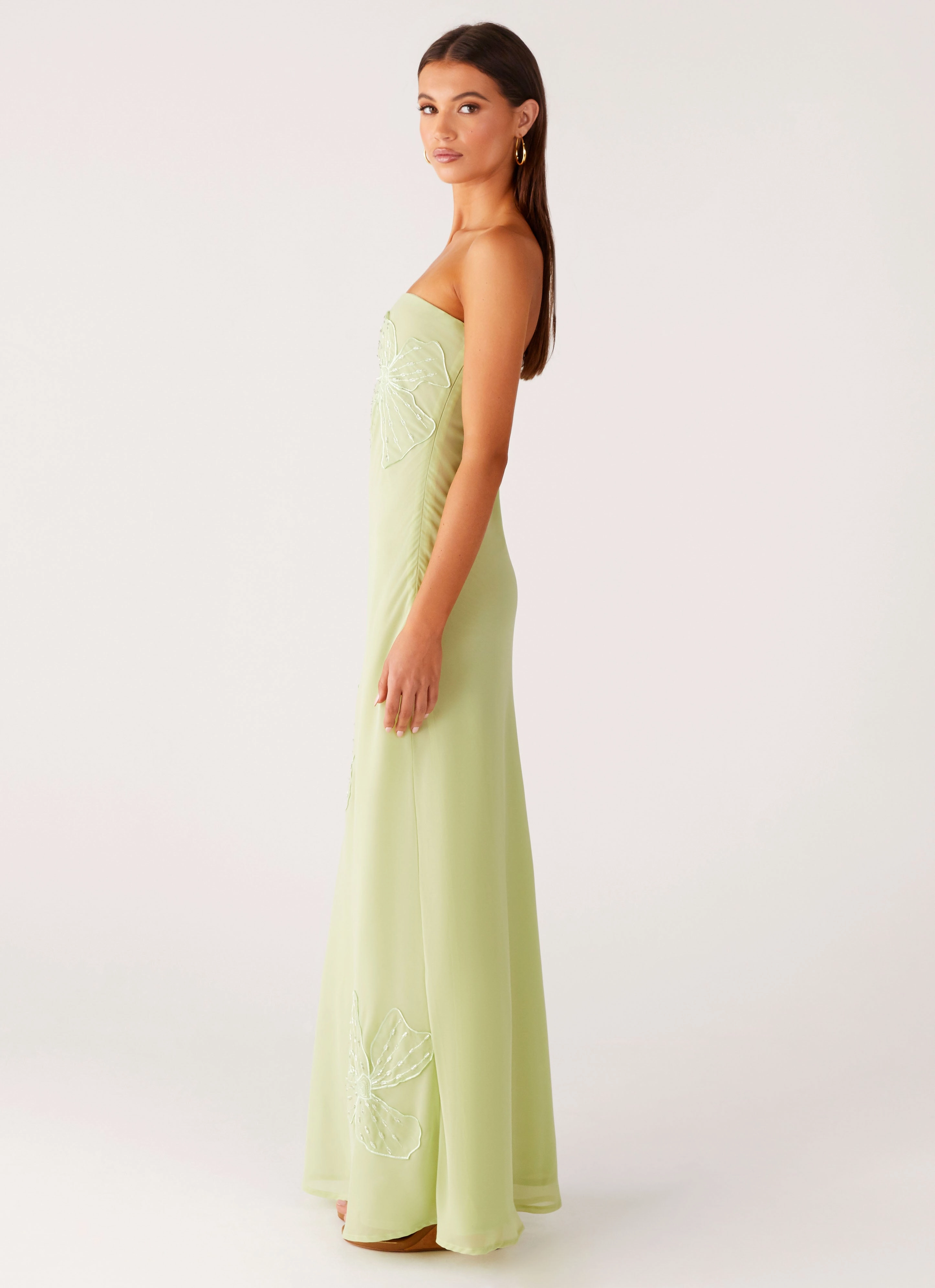 Sassafras Beaded Flower Strapless Maxi Dress - Lime