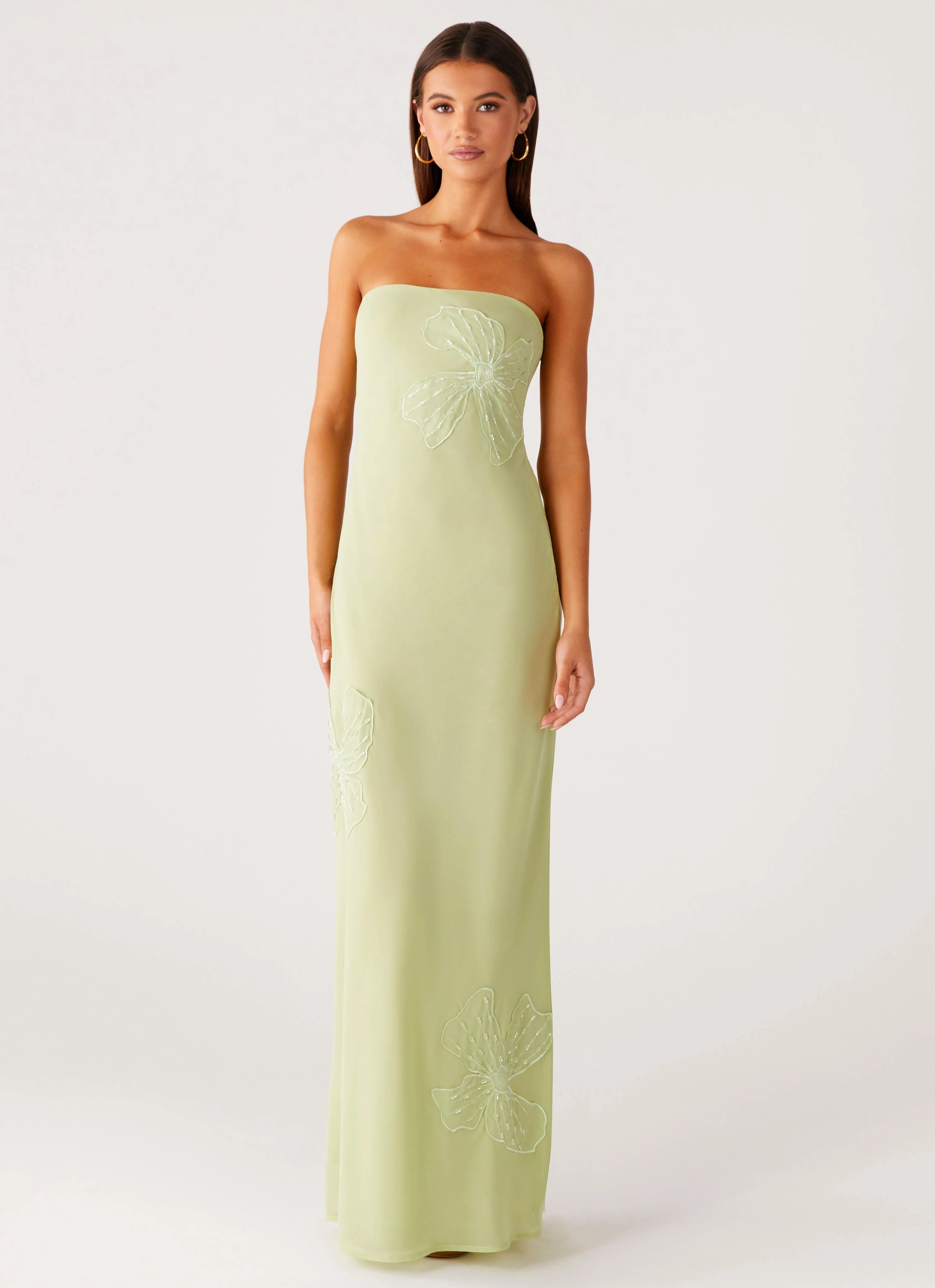 Sassafras Beaded Flower Strapless Maxi Dress - Lime