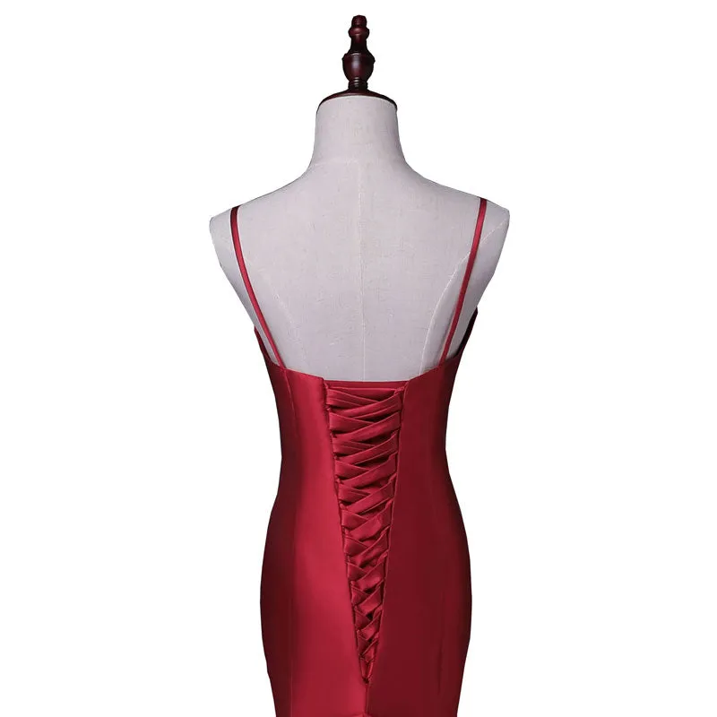 Satin mermaid Bridesmaid Dresses with  Corset back and sweep train