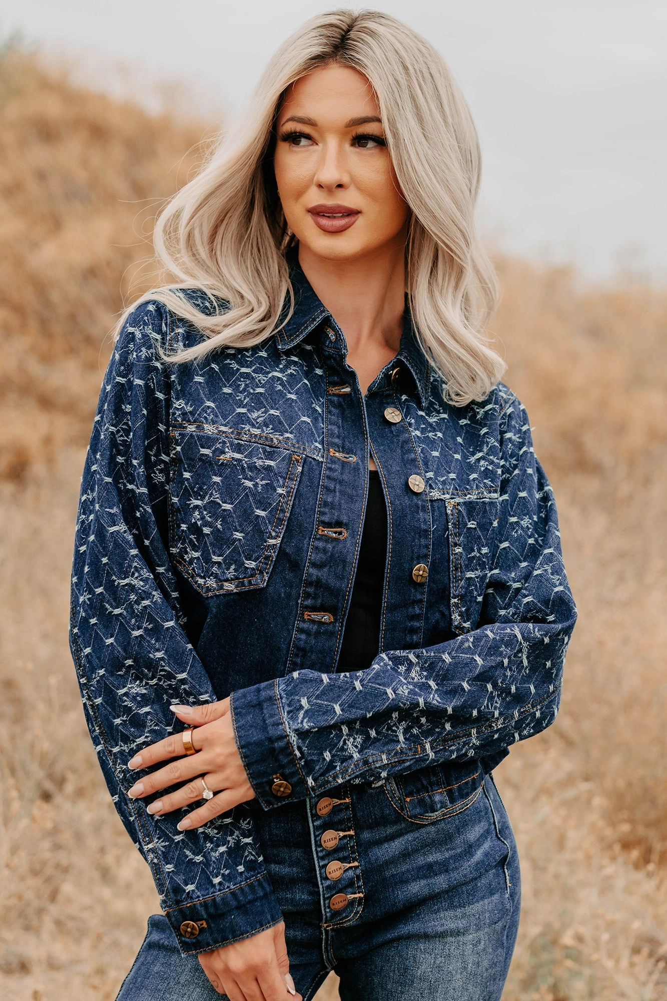 Say Less Do More Patterned Denim Jacket (Dark)