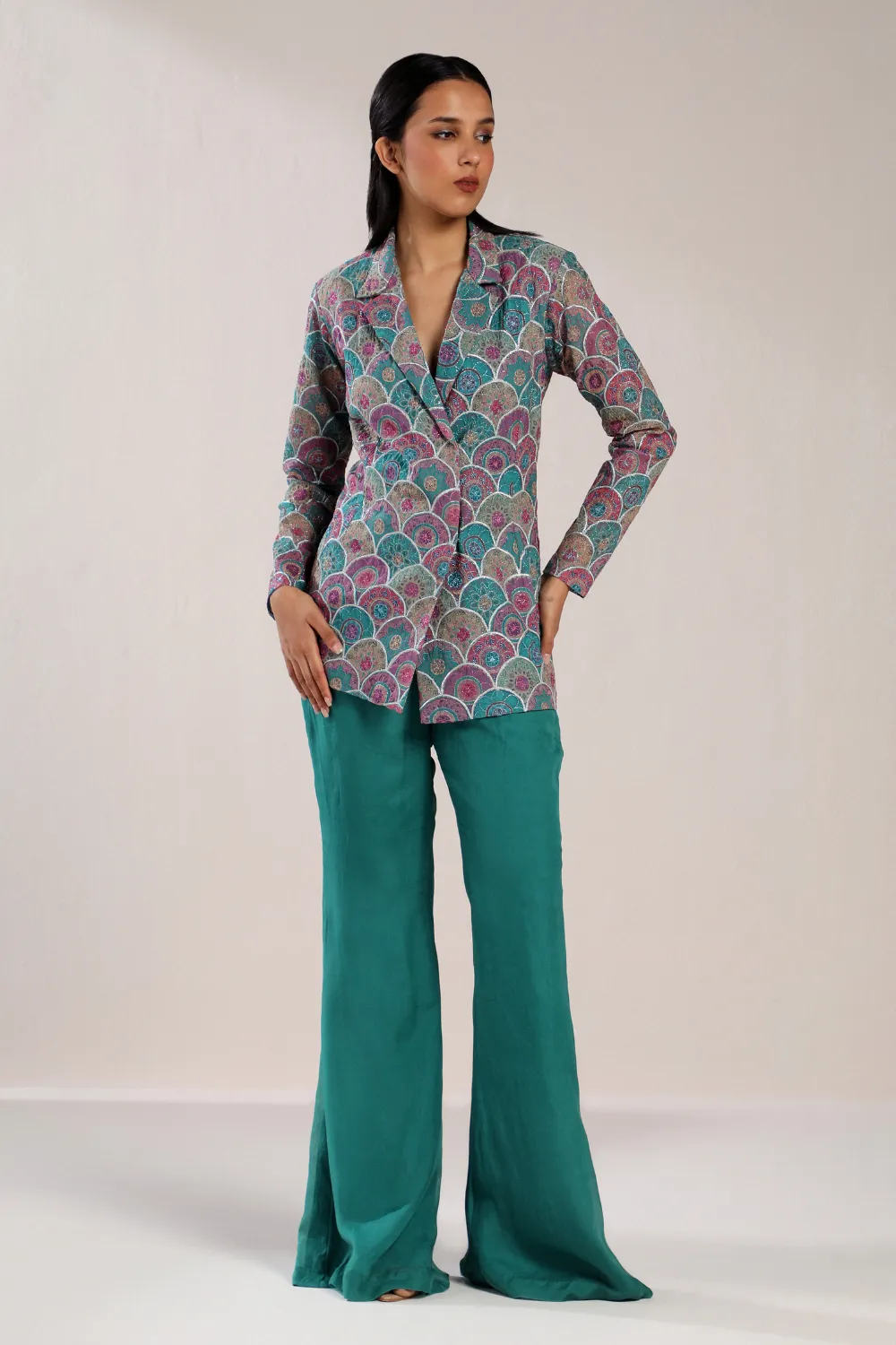 SCALLOPED PRINTED GREEN CO-ORD SET