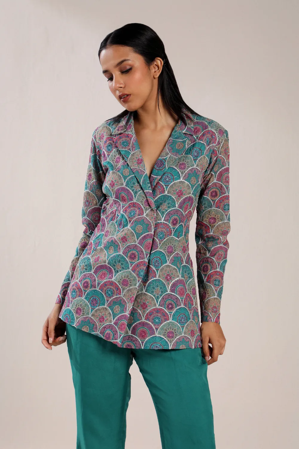 SCALLOPED PRINTED GREEN CO-ORD SET