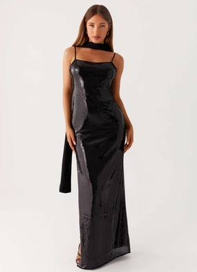 Scarf Neck Sequins Maxi Dress - Black Scarf Neck Sequins Maxi Dress - Black