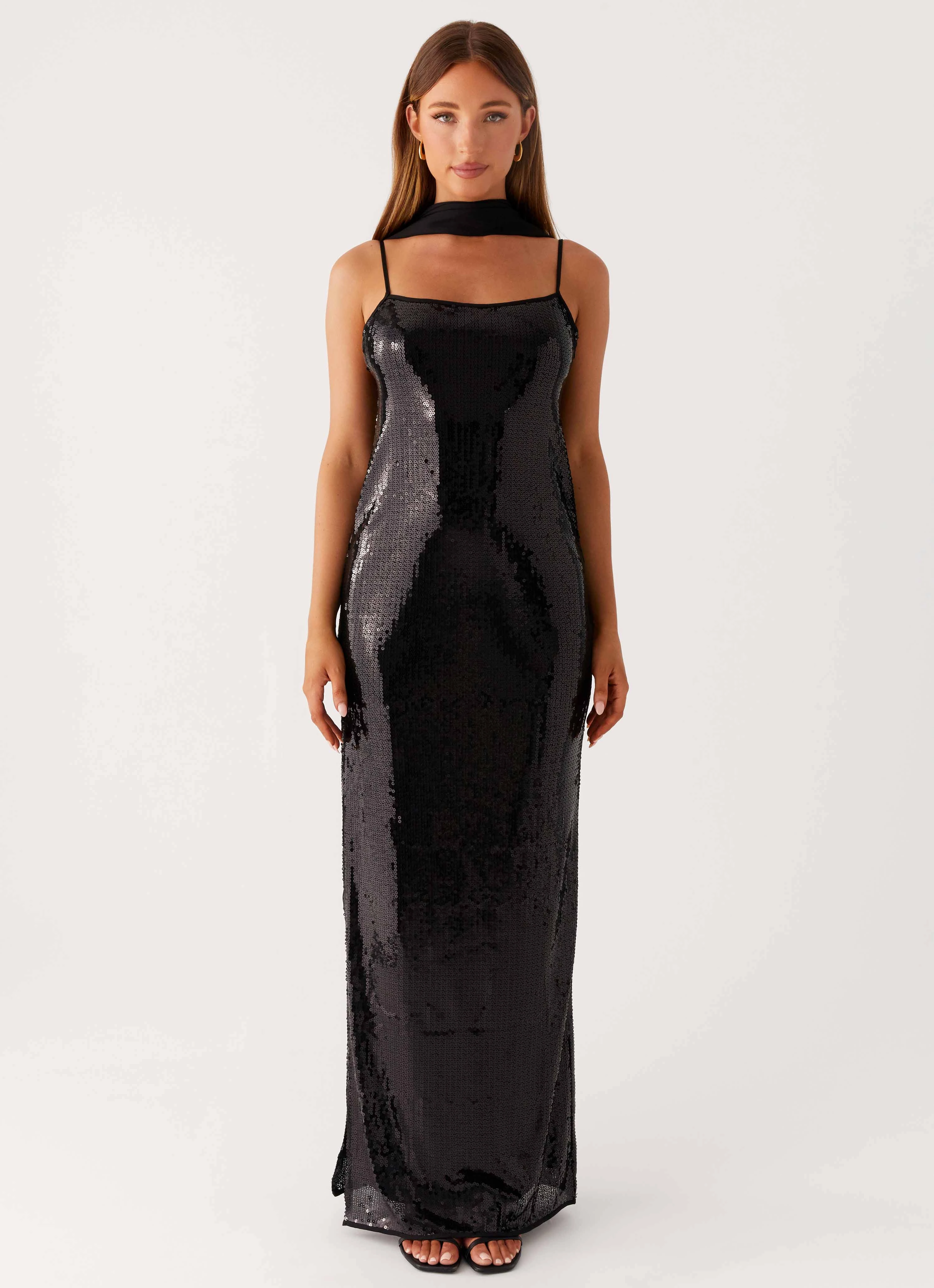 Scarf Neck Sequins Maxi Dress - Black