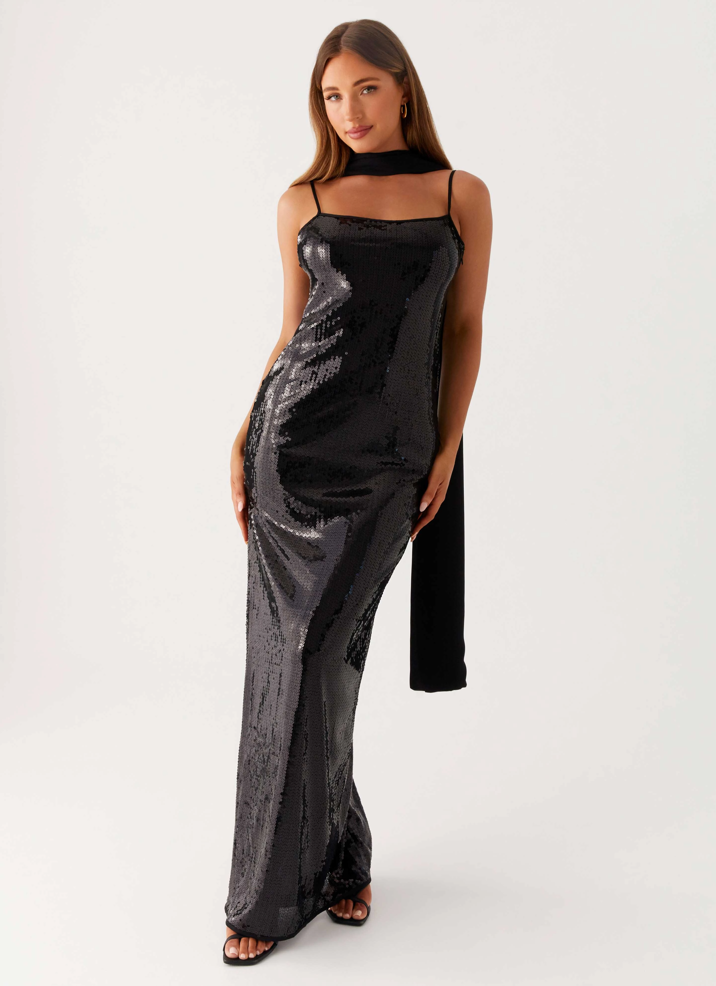 Scarf Neck Sequins Maxi Dress - Black