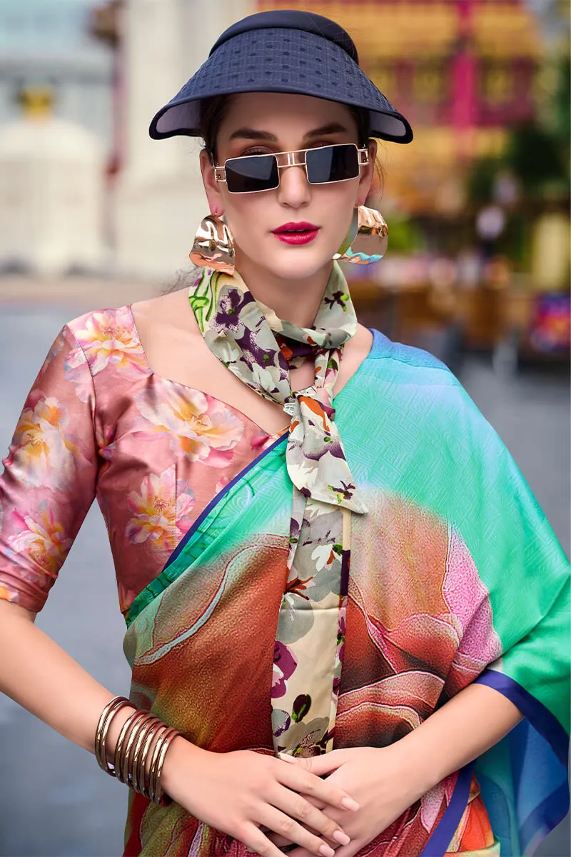 Scrumptious Sea Green Digital Printed Satin Silk Saree With Transcendent Blouse Piece