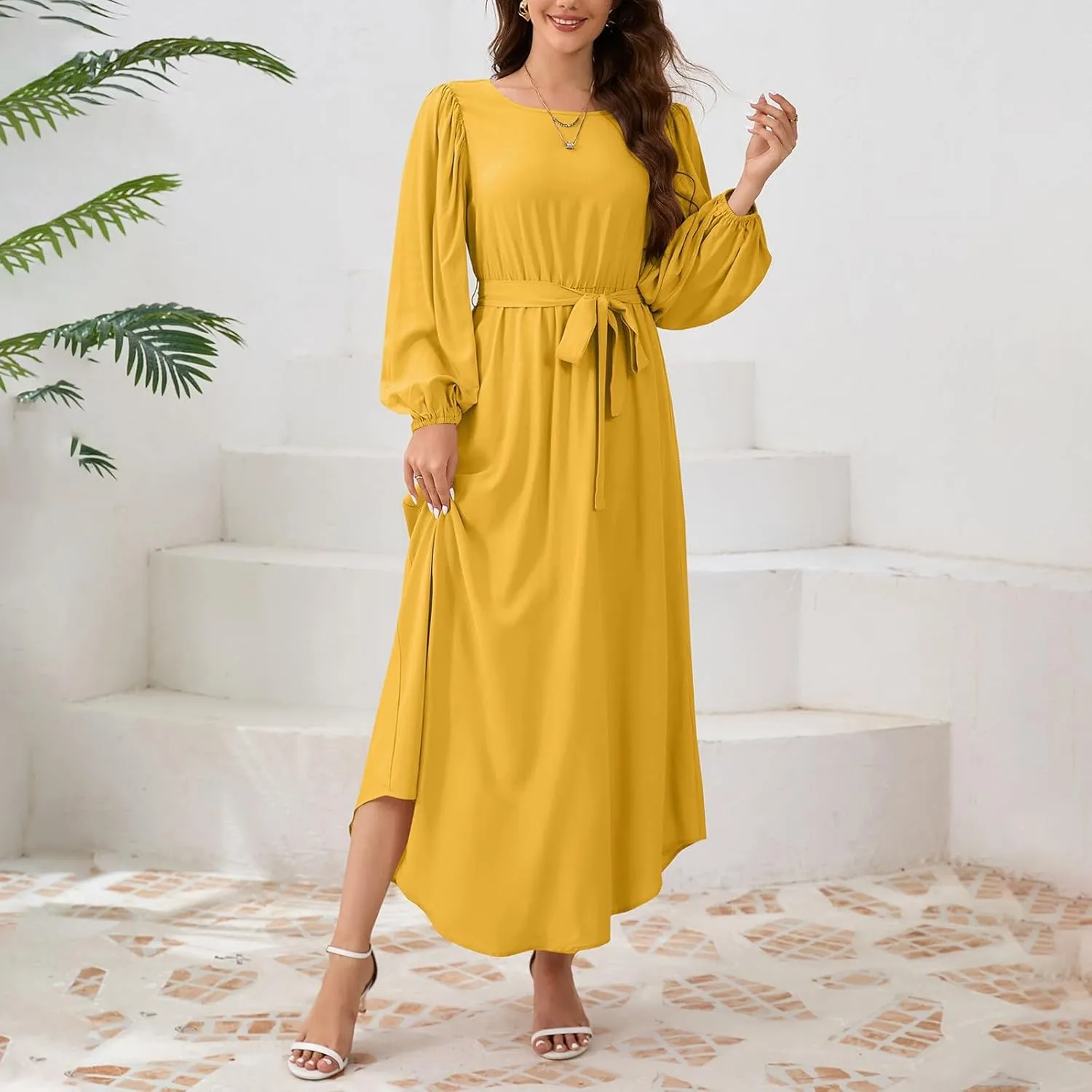 Semi Formal Dresses for Women Classy Beach Crewneck Puff Long Sleeve Tie Belt Church Dress Elegant Business Work Outfits