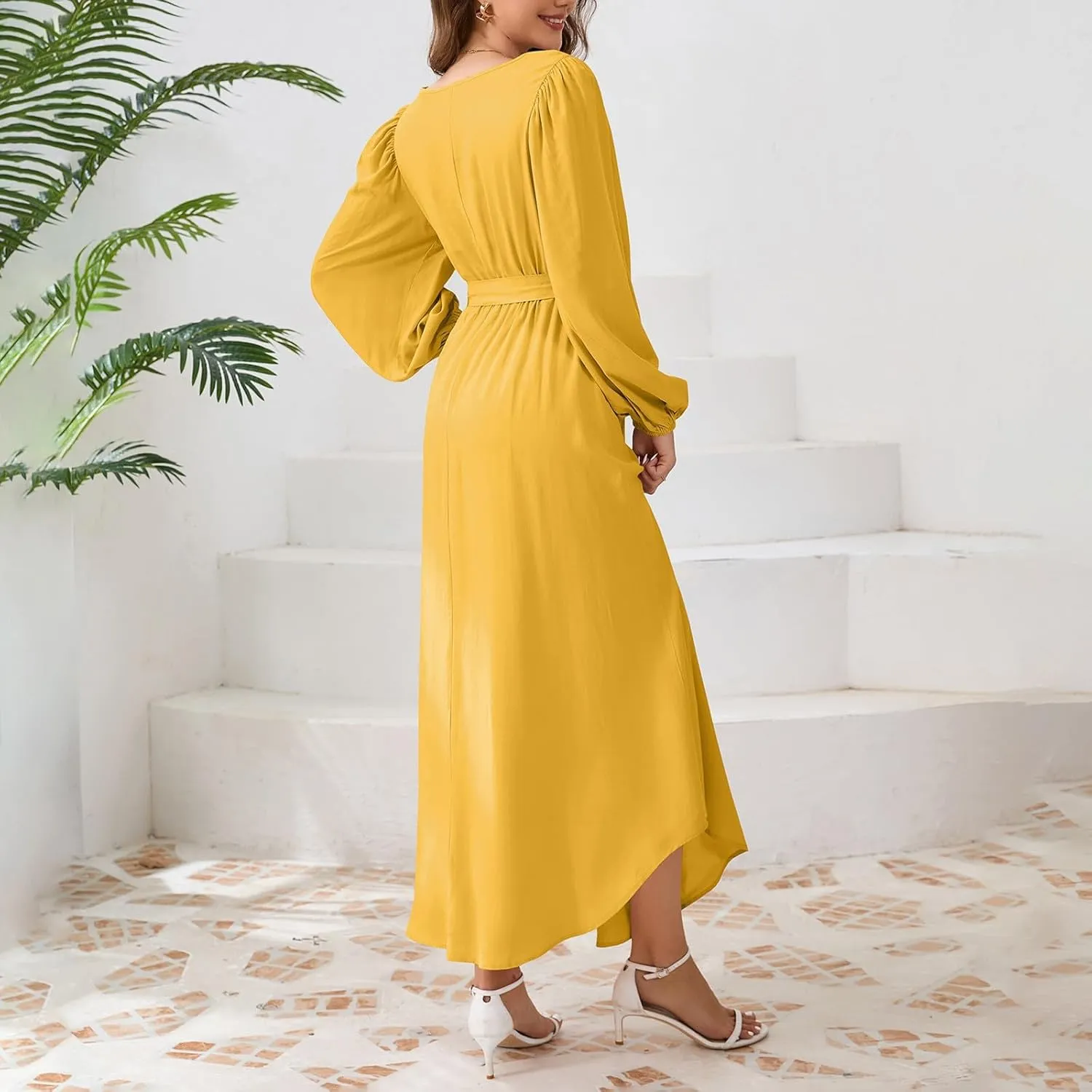 Semi Formal Dresses for Women Classy Beach Crewneck Puff Long Sleeve Tie Belt Church Dress Elegant Business Work Outfits