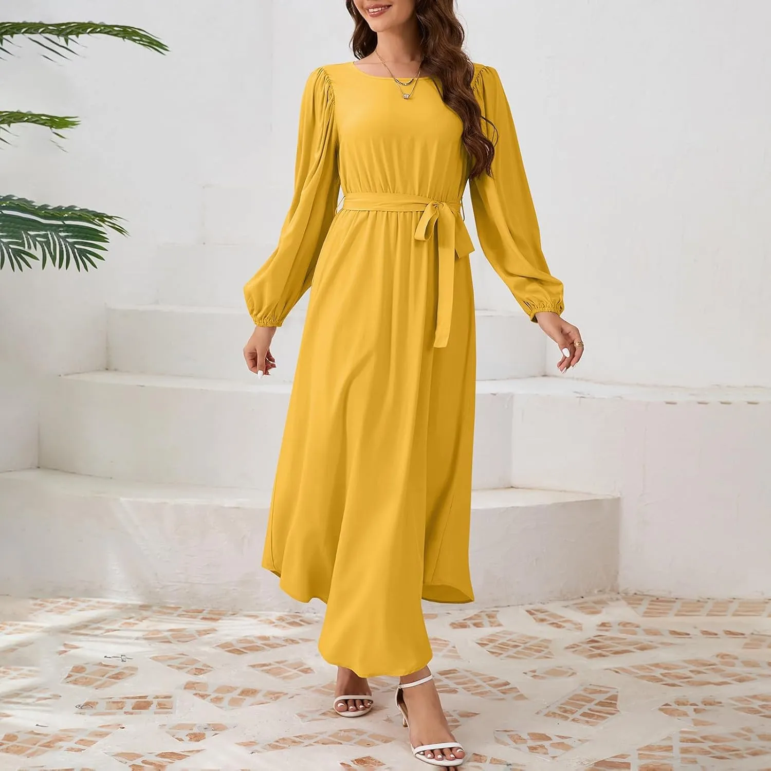 Semi Formal Dresses for Women Classy Beach Crewneck Puff Long Sleeve Tie Belt Church Dress Elegant Business Work Outfits