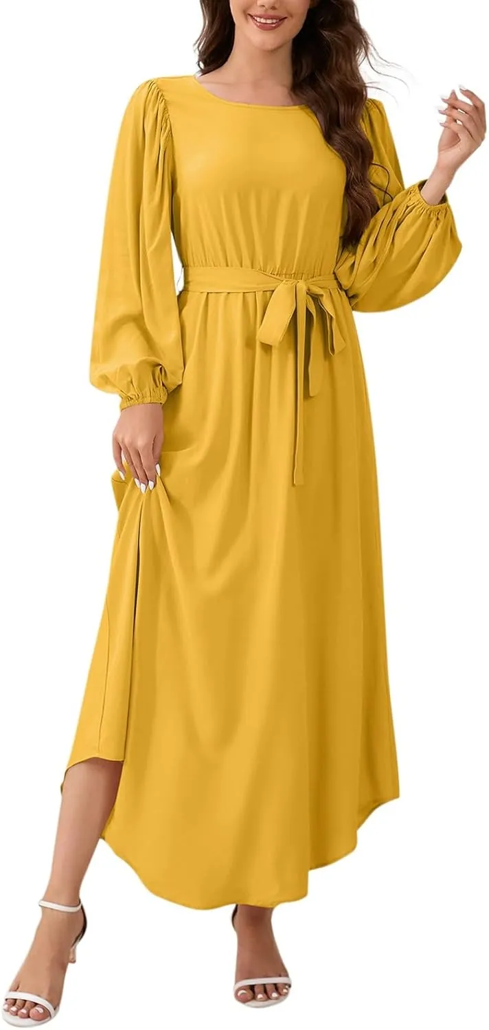 Semi Formal Dresses for Women Classy Beach Crewneck Puff Long Sleeve Tie Belt Church Dress Elegant Business Work Outfits