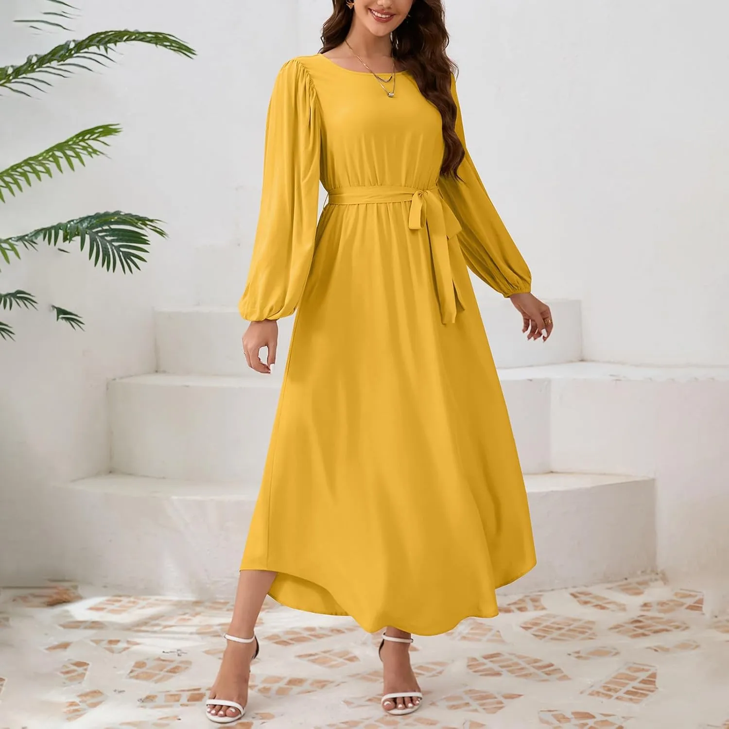 Semi Formal Dresses for Women Classy Beach Crewneck Puff Long Sleeve Tie Belt Church Dress Elegant Business Work Outfits
