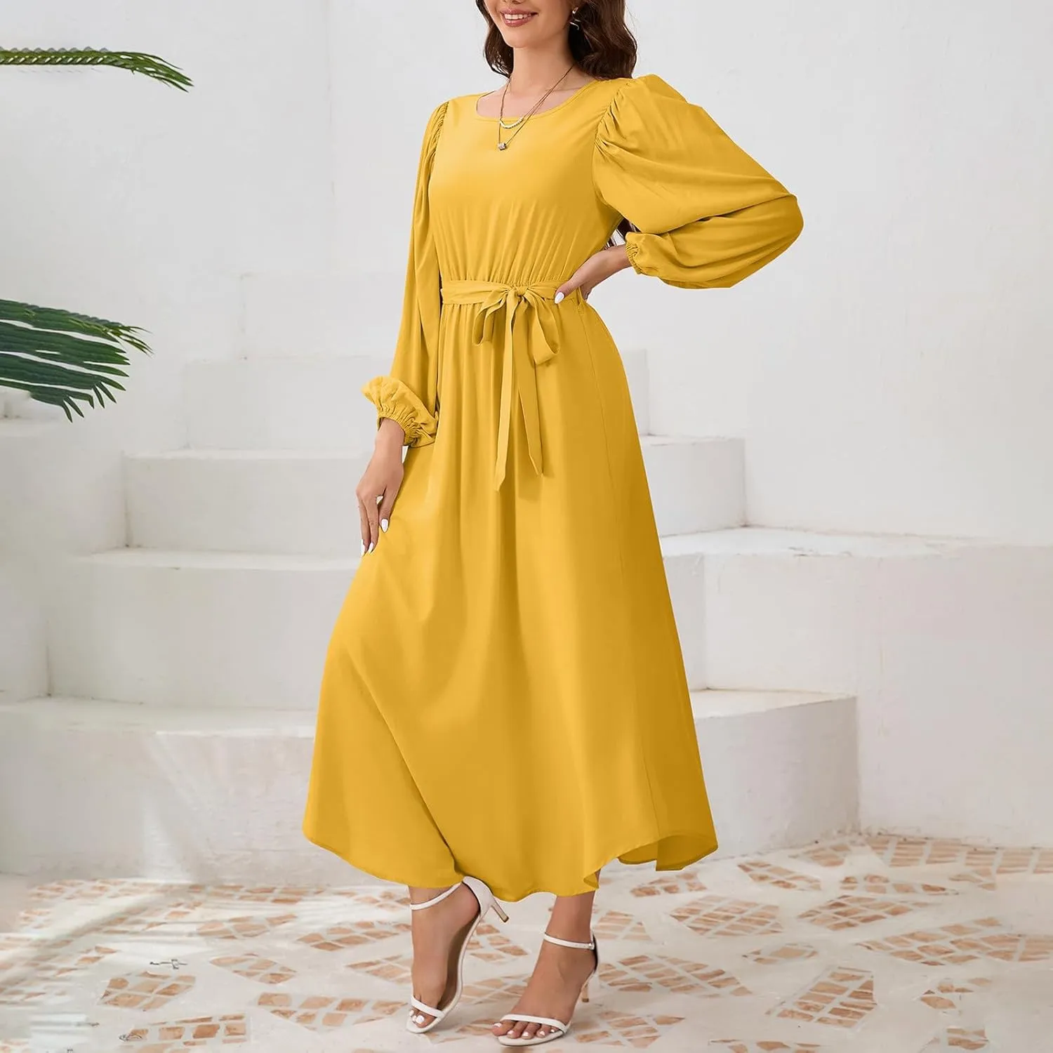 Semi Formal Dresses for Women Classy Beach Crewneck Puff Long Sleeve Tie Belt Church Dress Elegant Business Work Outfits