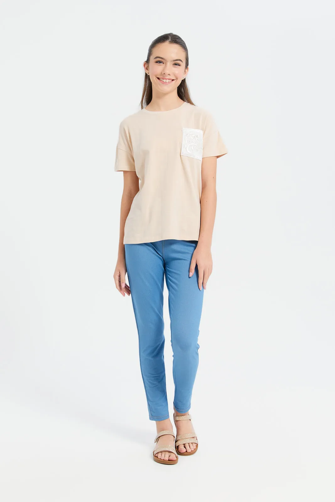 Senior Girls Beige Embellished Top With Pocket