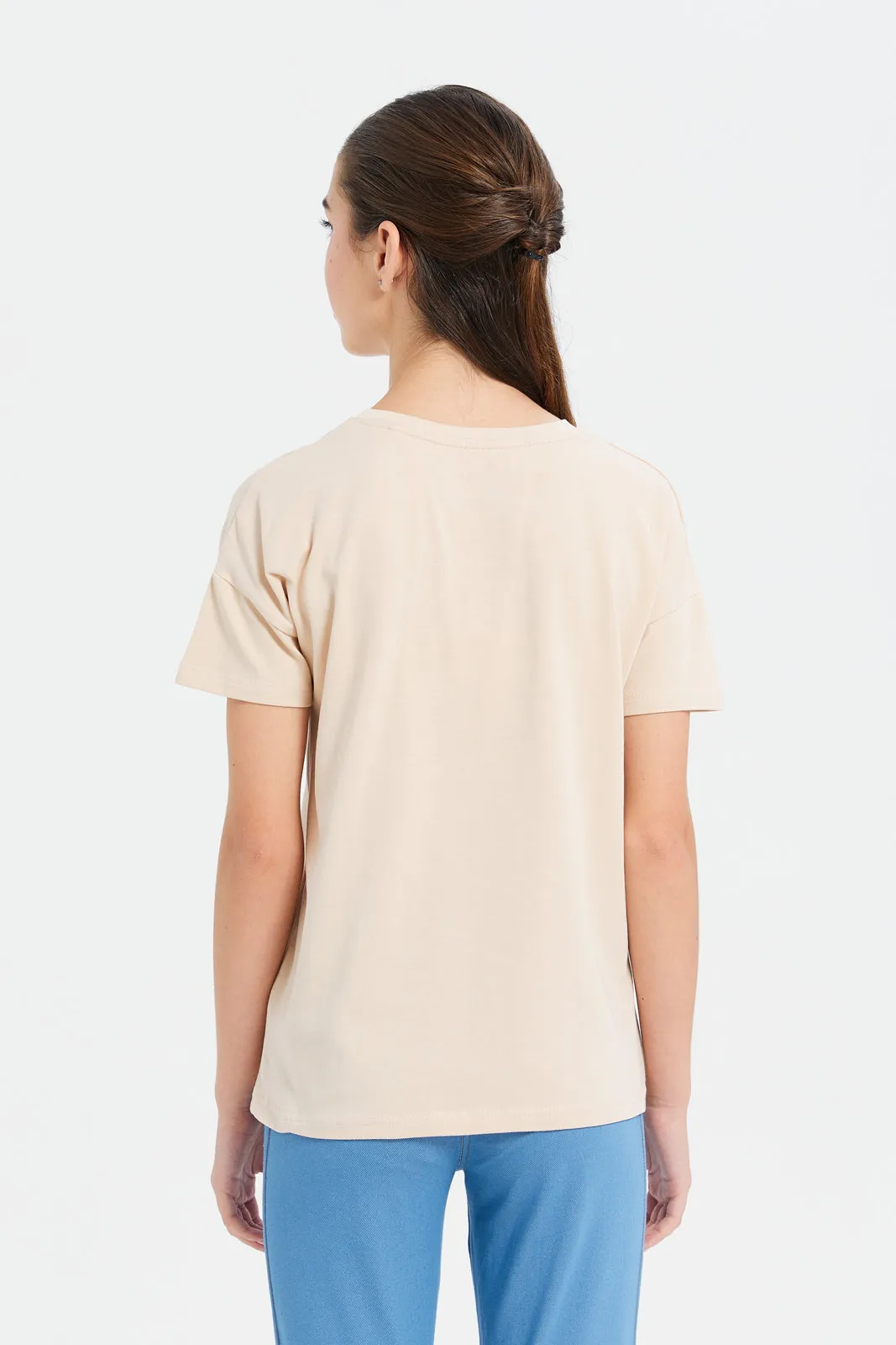Senior Girls Beige Embellished Top With Pocket