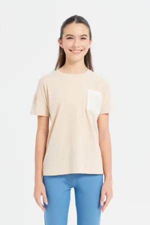 Senior Girls Beige Embellished Top With Pocket