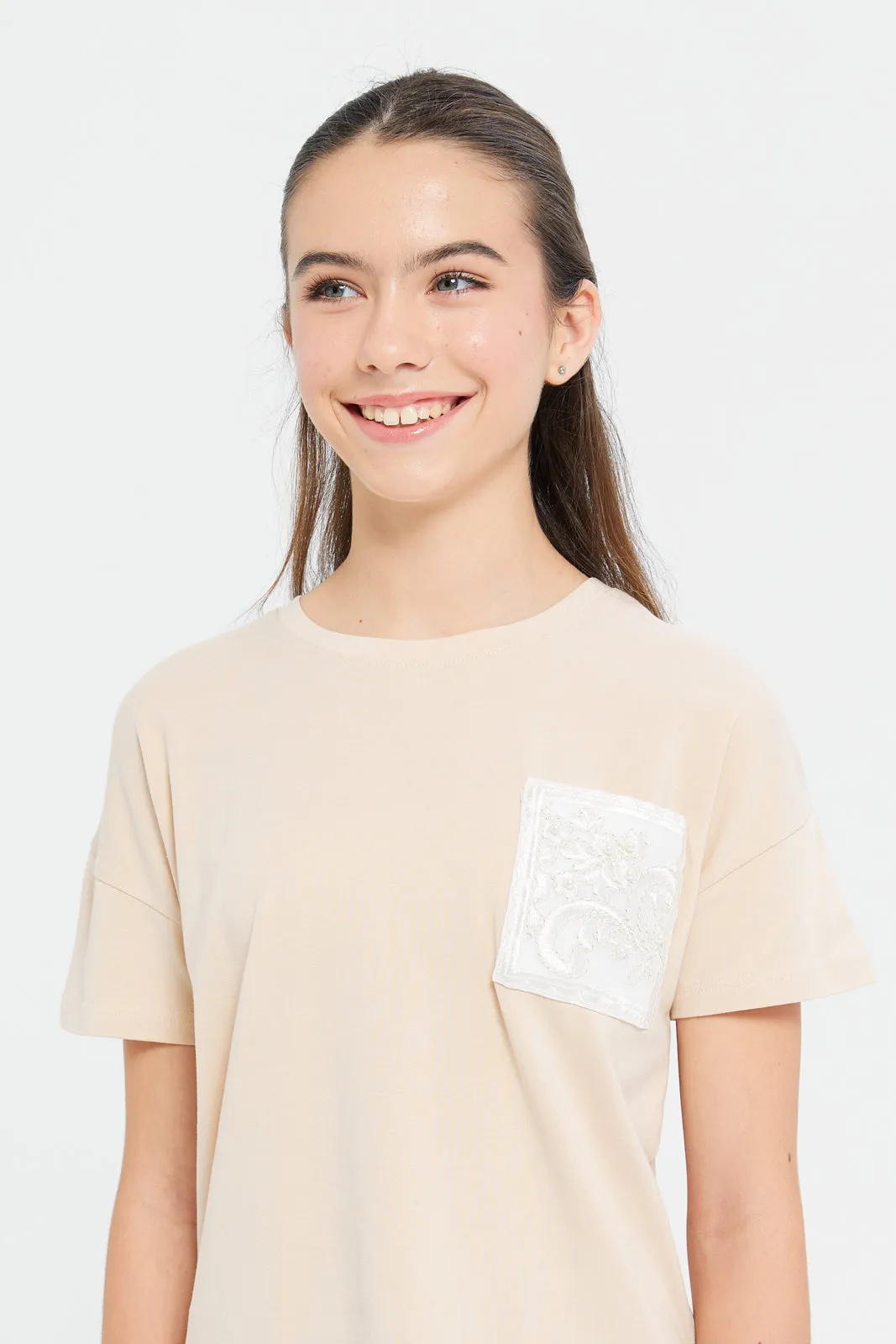 Senior Girls Beige Embellished Top With Pocket
