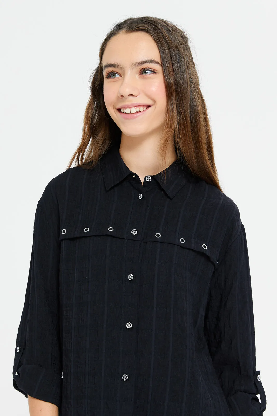 Senior Girls Black Jacquard With Gold Buttons Blouse