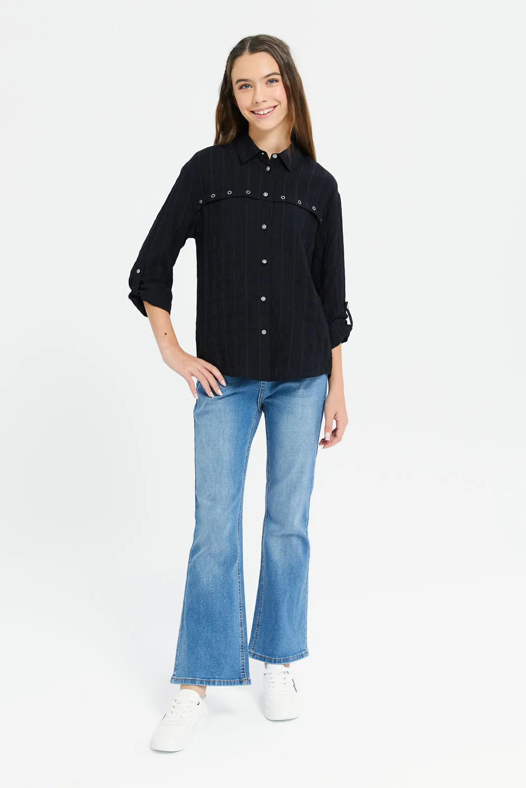 Senior Girls Black Jacquard With Gold Buttons Blouse
