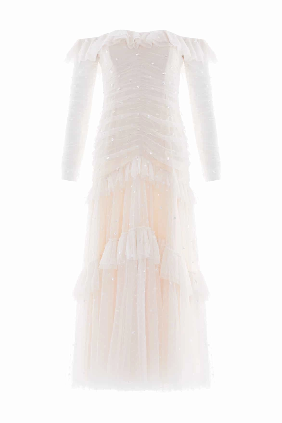 Sequin Glimmer Rouched Off-Shoulder Gown