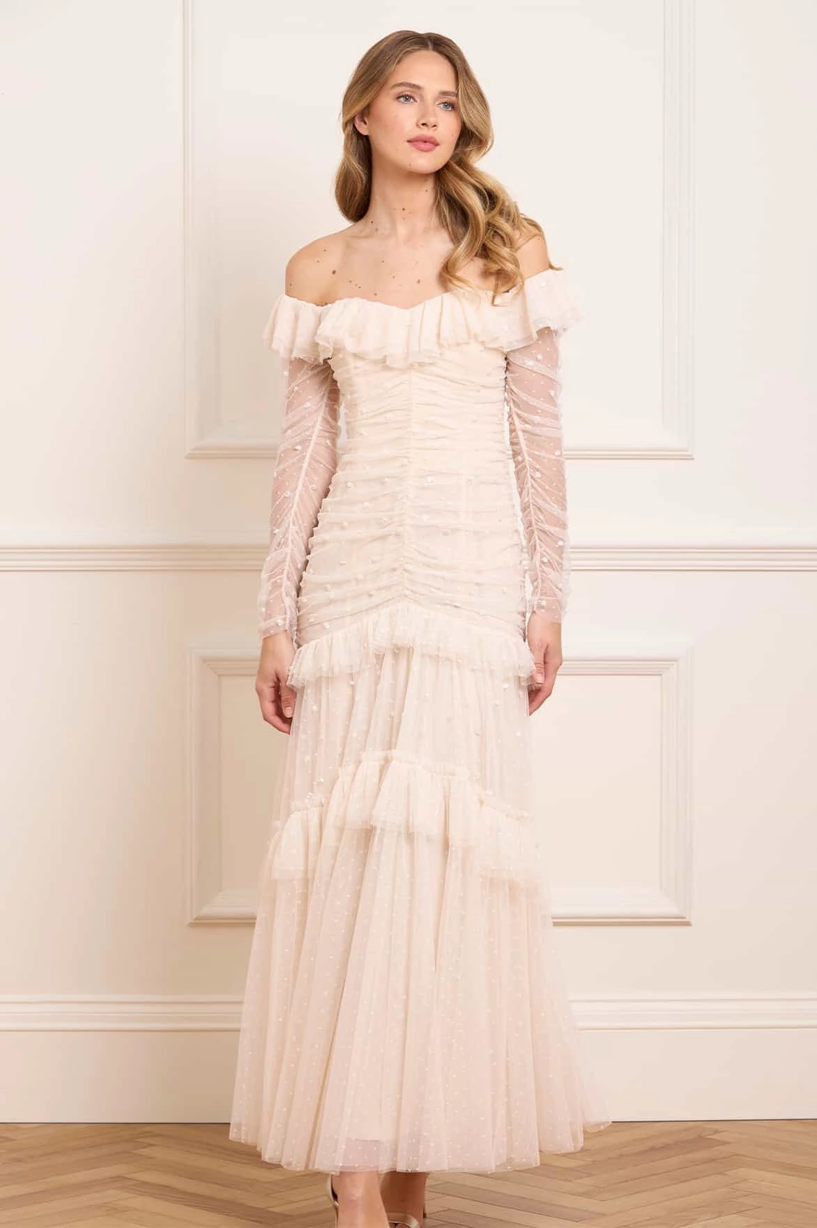 Sequin Glimmer Rouched Off-Shoulder Gown