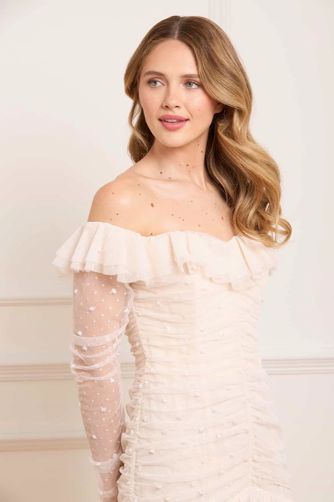 Sequin Glimmer Rouched Off-Shoulder Gown