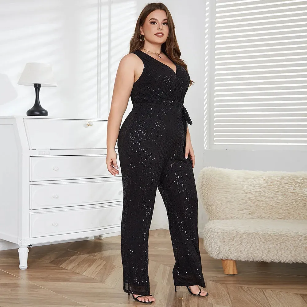 Sequins V-neck Sleeveless Jumpsuit With Sash