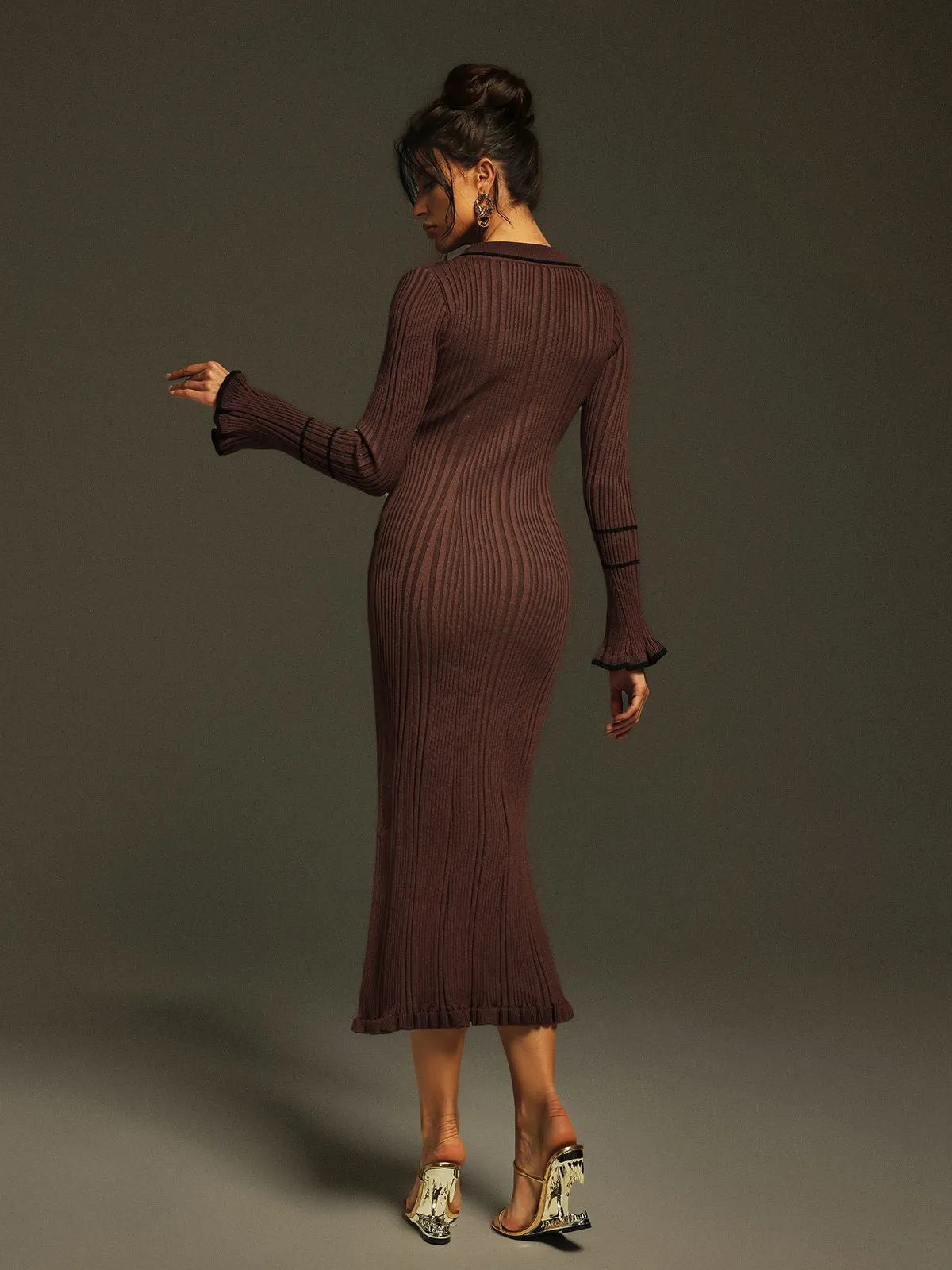 Shalita Long Sleeve Ruffle Button Knitted Midi Dress In Coffee