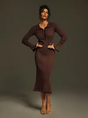 Shalita Long Sleeve Ruffle Button Knitted Midi Dress In Coffee