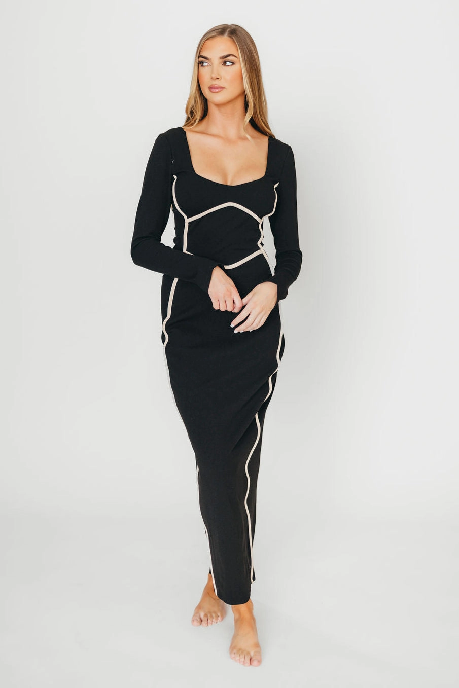 Shana Bodycon Midi Dress with Piping Trim in Black *Final-Sale*