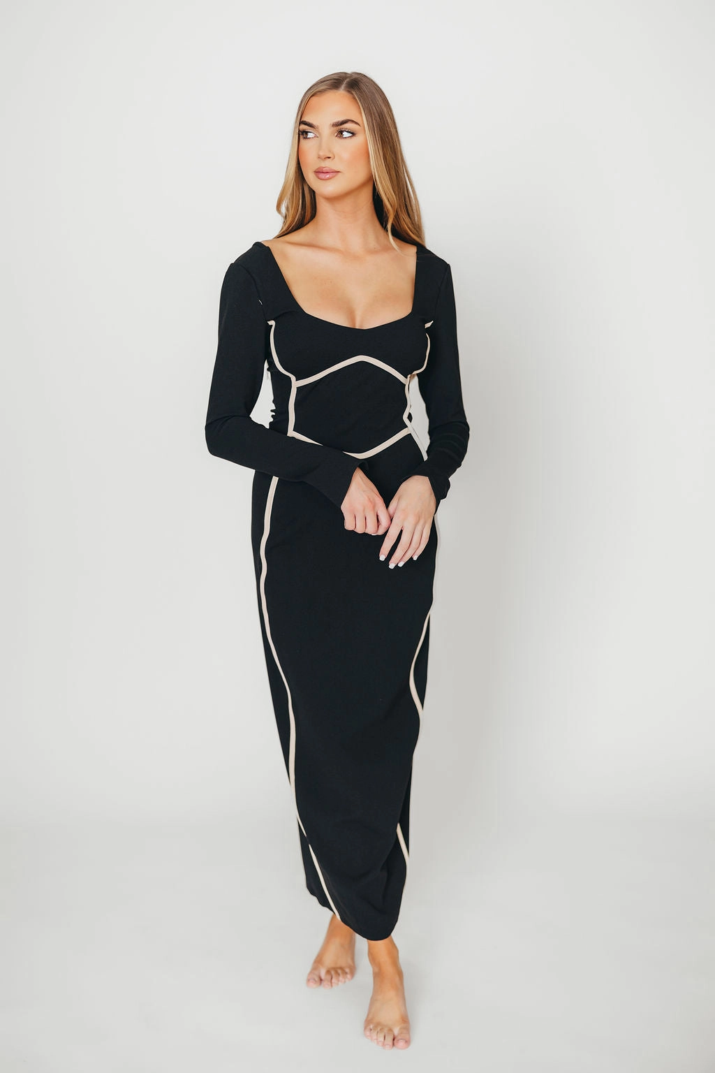 Shana Bodycon Midi Dress with Piping Trim in Black *Final-Sale*