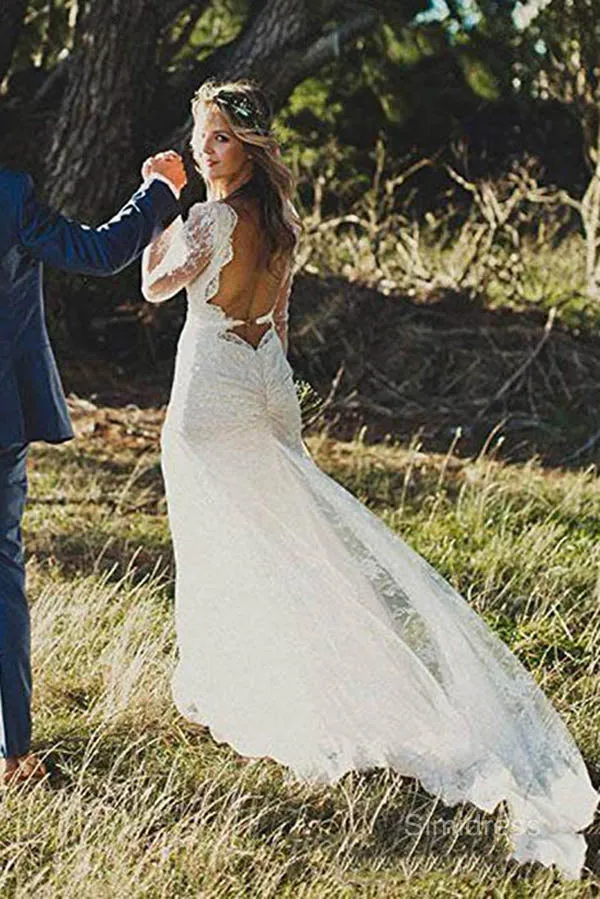 Sheath Backless V-Neck Long Sleeve Court Train Illusion Lace Wedding Dress, SW323