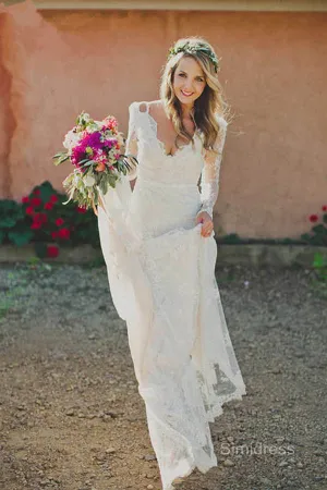 Sheath Backless V-Neck Long Sleeve Court Train Illusion Lace Wedding Dress, SW323