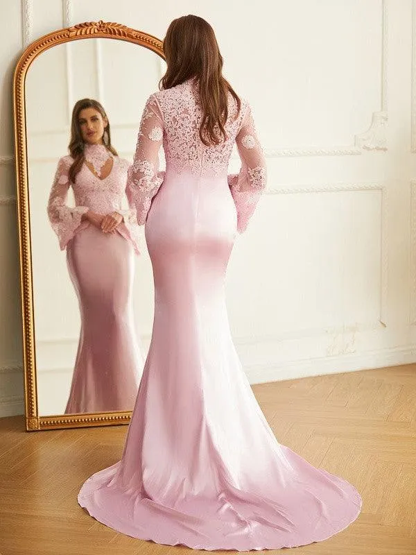 Sheath/Column Silk like Satin Lace High Neck Long Sleeves Sweep/Brush Train Dresses