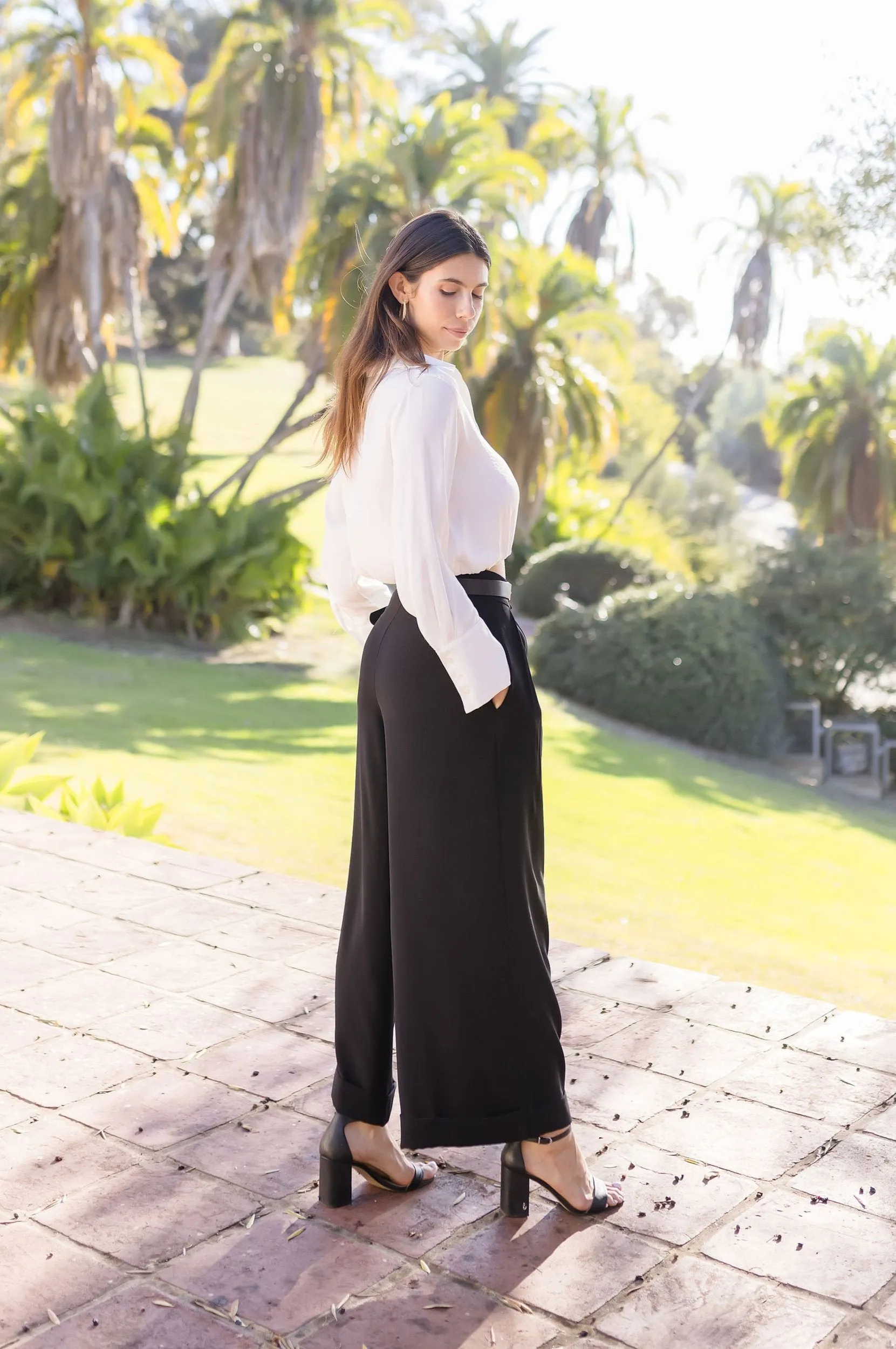 Sheena Long Sleeve Elastic Waist Cropped Satin Top White