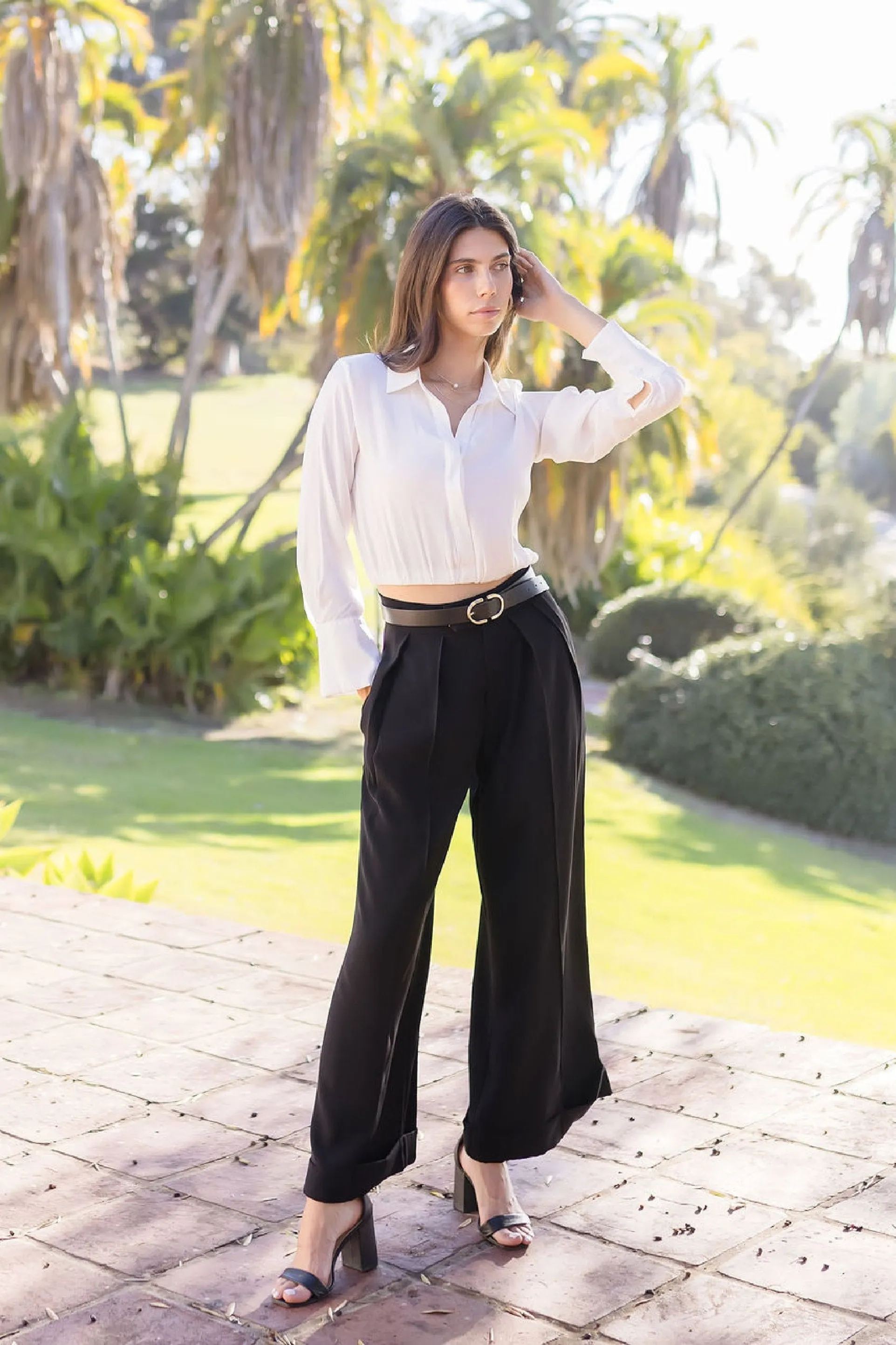 Sheena Long Sleeve Elastic Waist Cropped Satin Top White