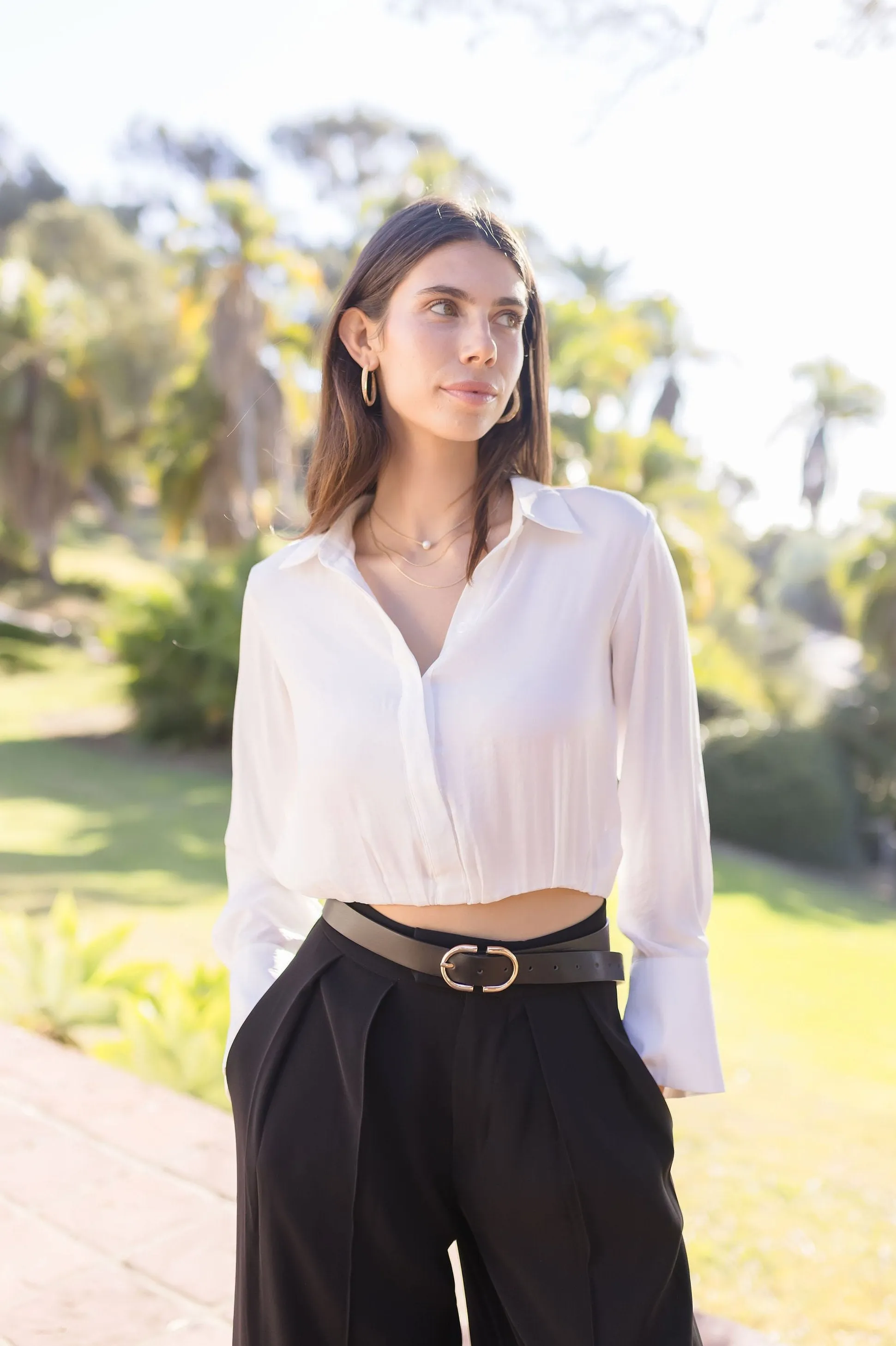 Sheena Long Sleeve Elastic Waist Cropped Satin Top White