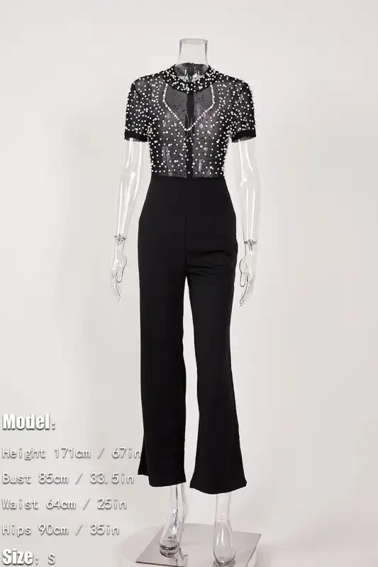 Sheer Pearls Galore Short Sleeve Jumpsuit