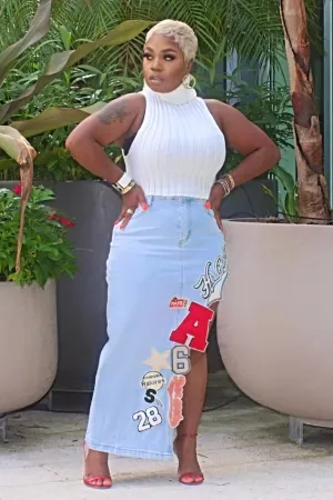 Shelly Patch It Up Denim Maxi Skirt-Light Wash Shelly Patch It Up Denim Maxi Skirt-Light Wash