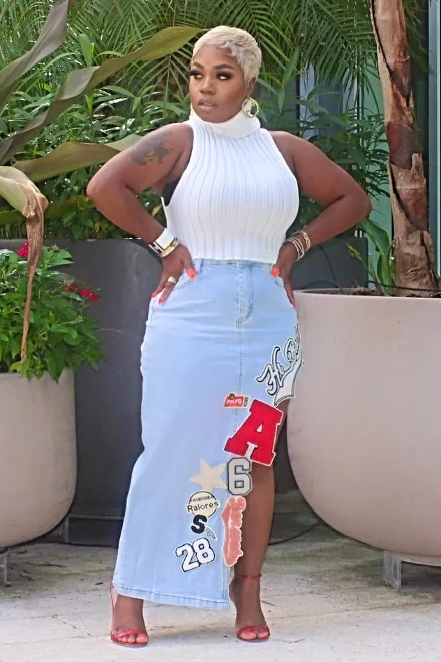 Shelly Patch It Up Denim Maxi Skirt-Light Wash