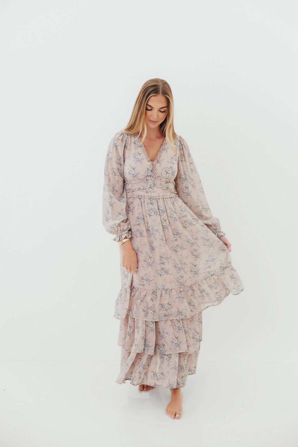 Shenae Ruffled Tiered Floral Maxi Dress in Dusty Pink