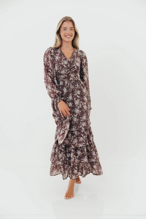 Shenae Ruffled Tiered Floral Maxi Dress in Mocha Mousse Shenae Ruffled Tiered Floral Maxi Dress in Mocha Mousse