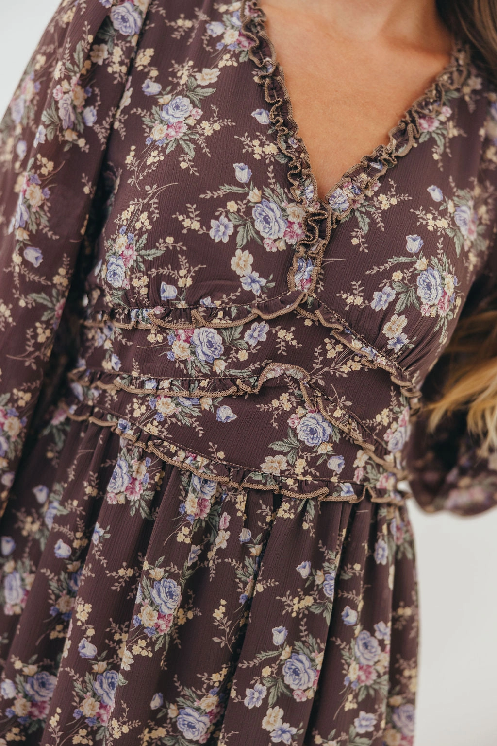 Shenae Ruffled Tiered Floral Maxi Dress in Mocha Mousse