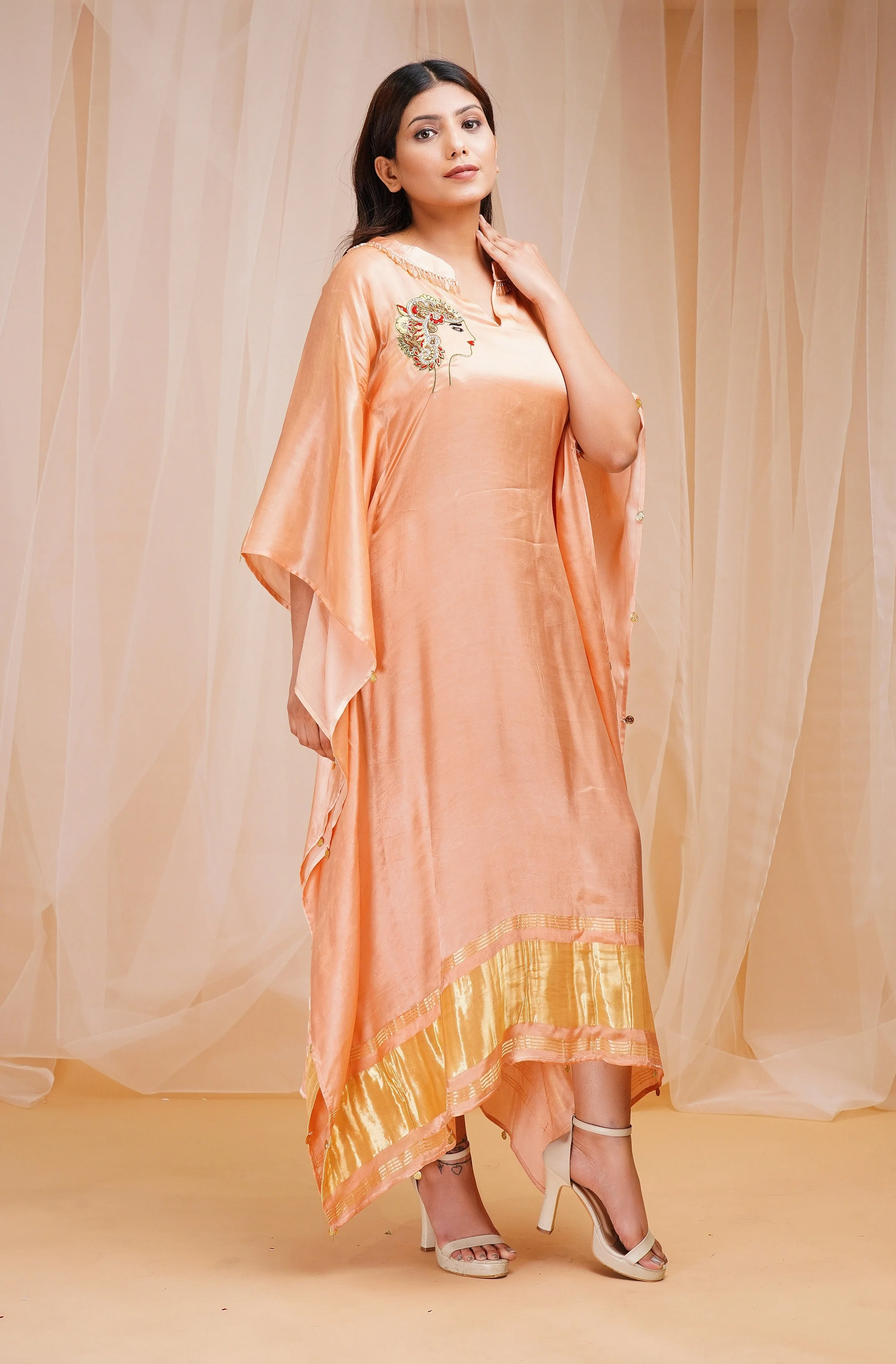 Sherbert Orange Peach Model Satin Silk Kaftaan