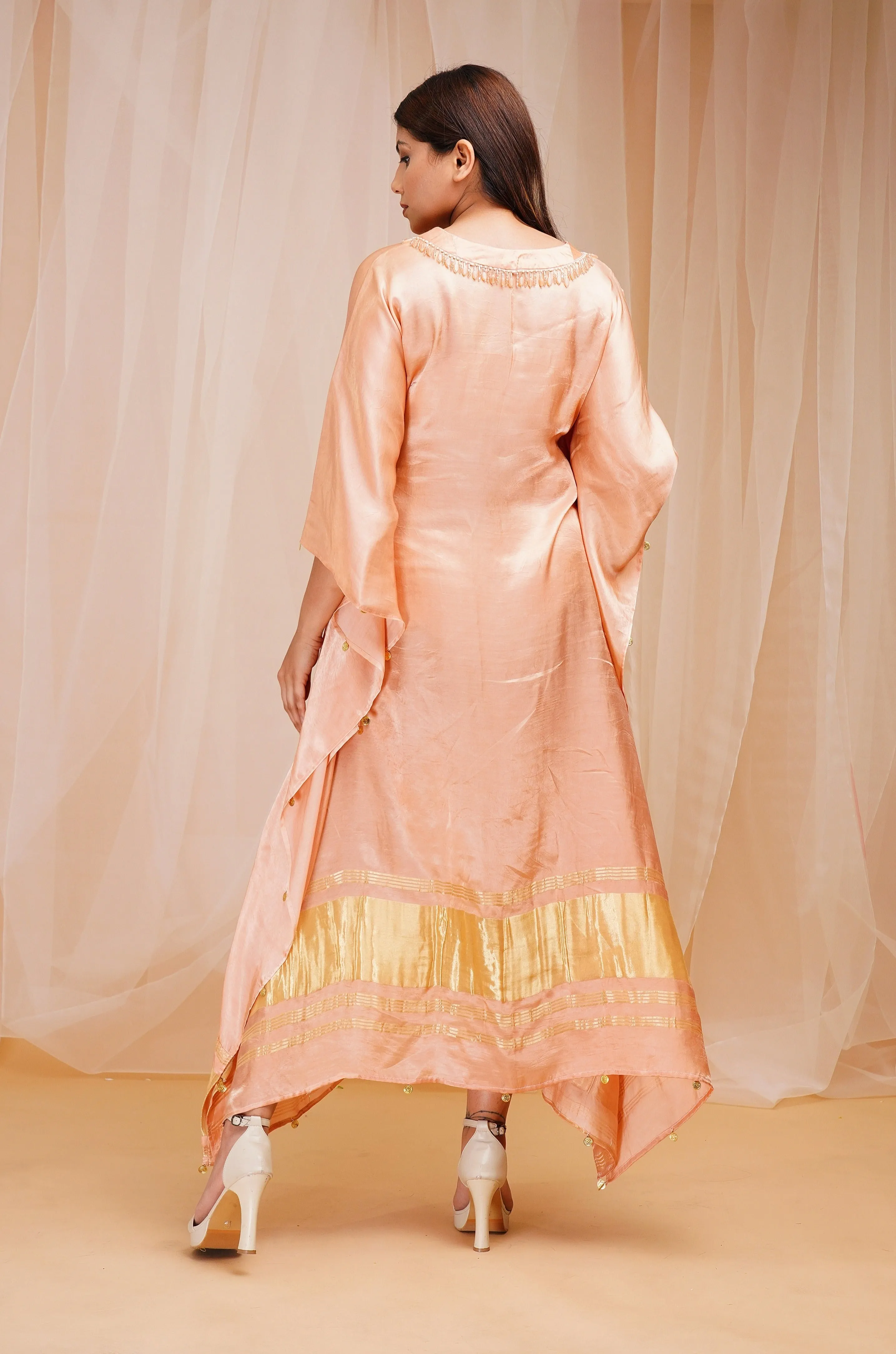 Sherbert Orange Peach Model Satin Silk Kaftaan