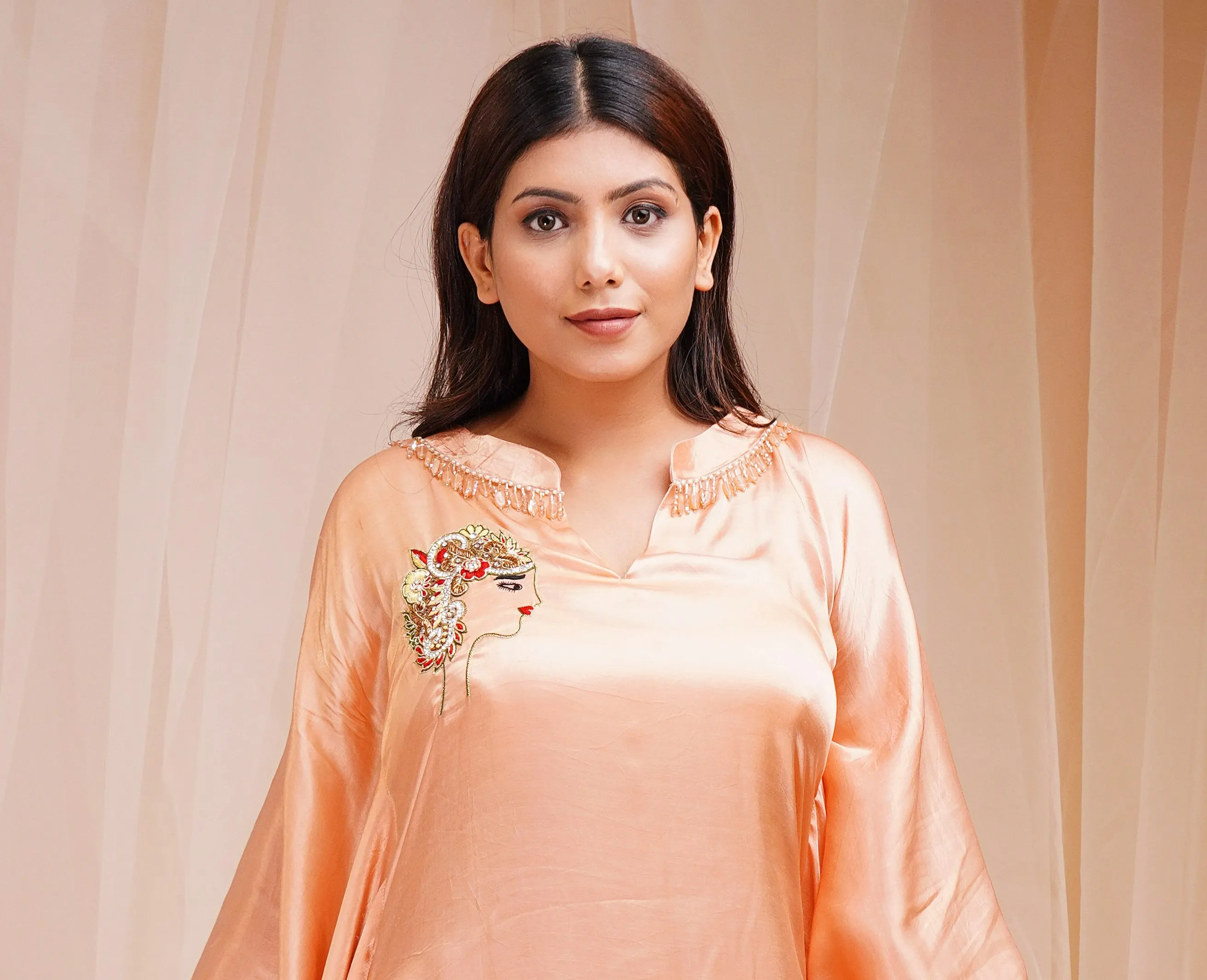 Sherbert Orange Peach Model Satin Silk Kaftaan