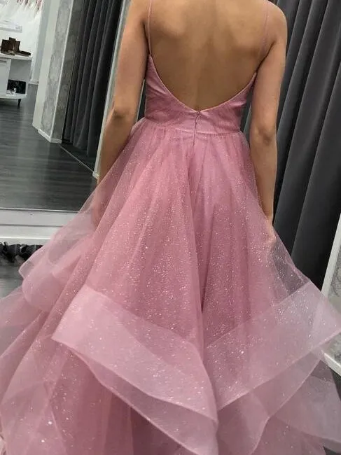 Shining Spaghetti Straps Tulle Prom Dresses A-line Tiered Evening Gowns PD522