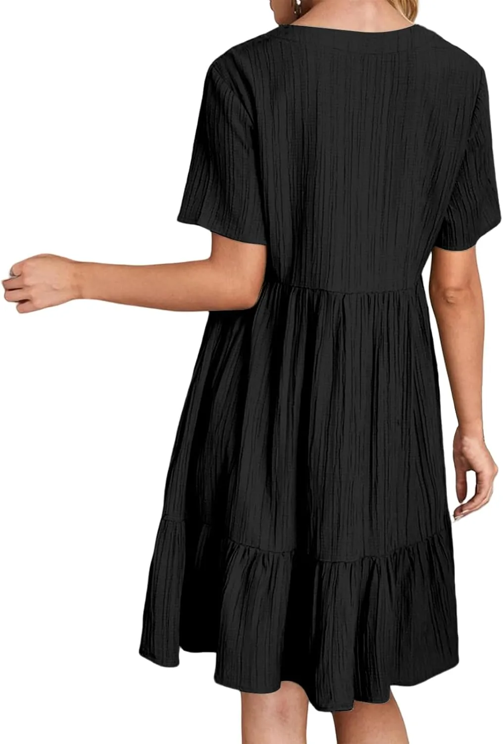 Short Sleeve Dress for Women Casual Summer V Neck Loose Ruffle Midi Dresses Solid Flowy Tiered Swing Beach Sundress