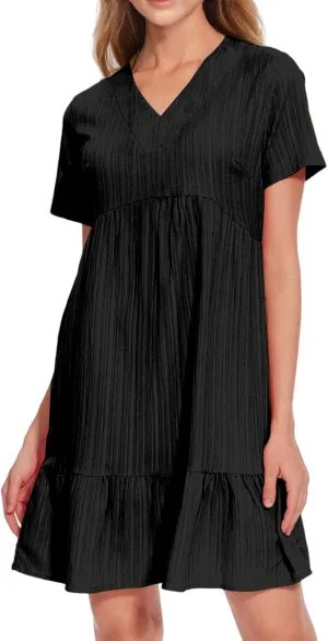 Short Sleeve Dress for Women Casual Summer V Neck Loose Ruffle Midi Dresses Solid Flowy Tiered Swing Beach Sundress